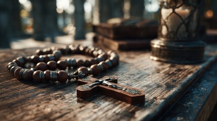Faithful wooden cross and rosary on weathered surface