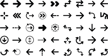 A collection of various black arrow symbols pointing in different directions on white