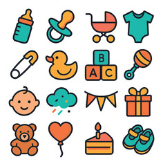 Baby shower modern flat .baby bottle, pacifier, stroller, onesie, diaper pin, rubber duck, baby blocks, rattle toy, baby face, confetti cloud, welcome banner, gift box, teddy bear,