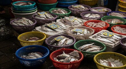 Fresh Fish Displayed in Colorful Baskets