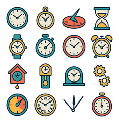 Classic Timekeeping modern flat .Analog clock, pocket watch, sundial, hourglass, wristwatch, stopwatch, wall clock, alarm clock, cuckoo clock, pendulum clock, desk clock, clock