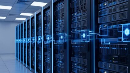 Digital data streaming through illuminated network cables, connecting multiple servers in high performance data center, visualizing seamless information transfer within technological infrastructure - Powered by Adobe