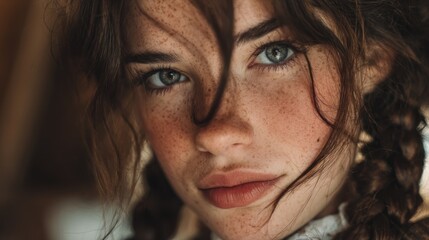 Close-up portrait of a young woman with freckles and captivating eyes