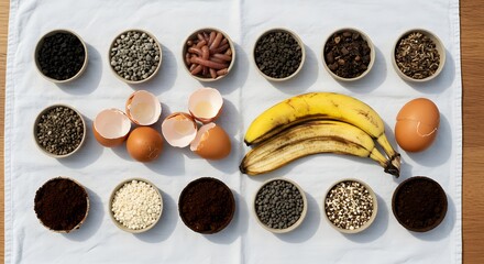 Overhead shot of banana peels eggshells coffee grounds and other compost materials in small bowls on fabric - World Farmers Day