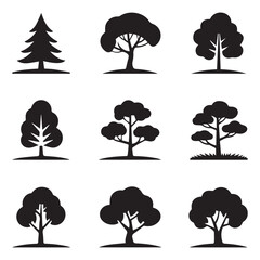 Collection of nine stylized black silhouette trees on a white background