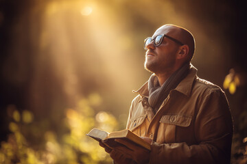 Find Man, Bible in Hand, Finds Spiritual Connection in Sunlit Forest