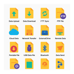Data Transfer Files modern flat . Data upload, data download, data sync, FTP file, cloud data file, network transfer icon, external drive file, remote data icon, portable file, USB