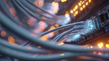 A dynamic shot of Ethernet cables cascading from a network switch highlighting the importance of reliable data transfer in a digital ecosystem with hints of LED indicators glowing.