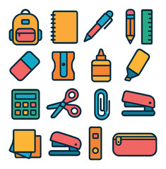 School supplies modern flat .backpack, notebook, pen, pencil, ruler, eraser, sharpener, scissors, glue, highlighter, calculator, stapler, paper clip, binder, pencil case, sticky