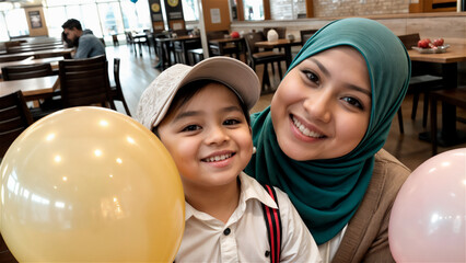 Selfie. Mother and child holding balloons and smiling at the camera.