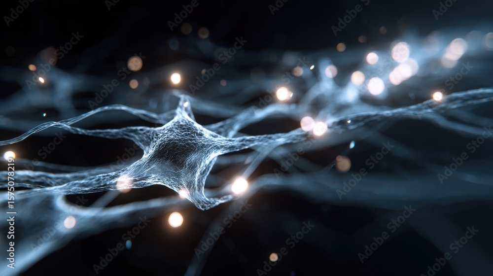 Poster futuristic depiction of a glowing neural network featuring multiple neurons in a synchronized dance 