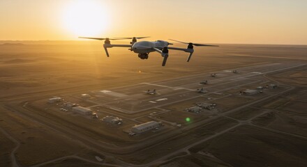 A gray drone flies above a military air base during sunset, providing reconnaissance during an emergency.