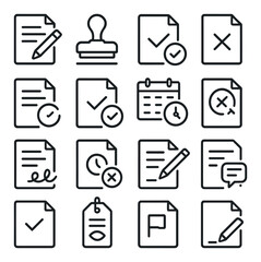 Document statuses line art icons. draft icon, reviewed stamp, approved file, rejected document, in progress file, completed document, scheduled icon, expired form, signed document,