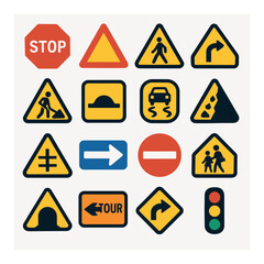 Traffic & Road Signs modern flat .Stop sign, yield warning, pedestrian crossing alert, sharp turn sign, roadwork symbol, speed bump icon, slippery road, falling rocks triangle,