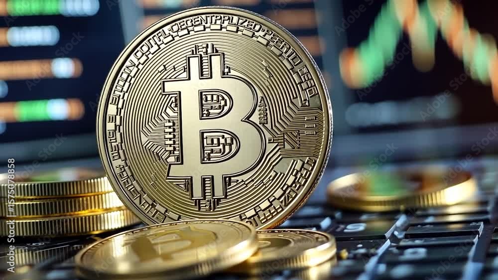 Poster close-up view of golden cryptocurrency physical coin and other crypto coins on a laptop keyboard wit