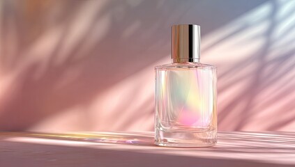 Pink perfume bottle, sunlight, palm shadows, display