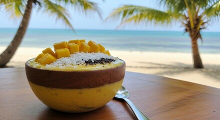 Mango Smoothie Bowl on Beach Table