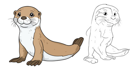 Cute Little Otter Cartoon Character Coloring Page for Kids