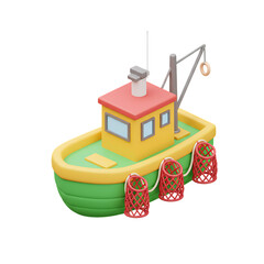 Isometric green fishing boat with red traps