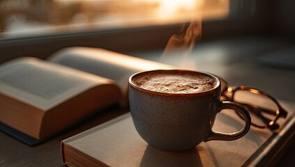 Cozy morning coffee, open book, sunlit window.  Use stock photo