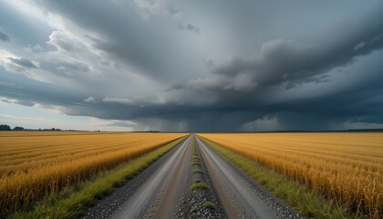 Naklejka premium Gravel Road Through Golden Field Under Dramatic Storm Clouds