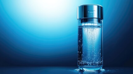 A clear glass bottle of water with bubbles in it