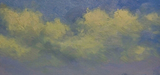 Impressionist sky with light clouds. Oil Painting Texture. A close-up oil painting of a serene sky with soft, light clouds in impressionist style.