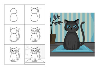 set of pictures, a tutorial on how to draw a funny cartoon kitten. instructions for children and beginners. cute kind cat, drawing animals. coloring book, contour art, website image.