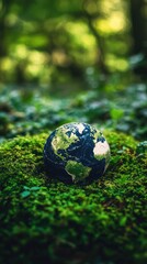 A small globe is sitting on a patch of moss