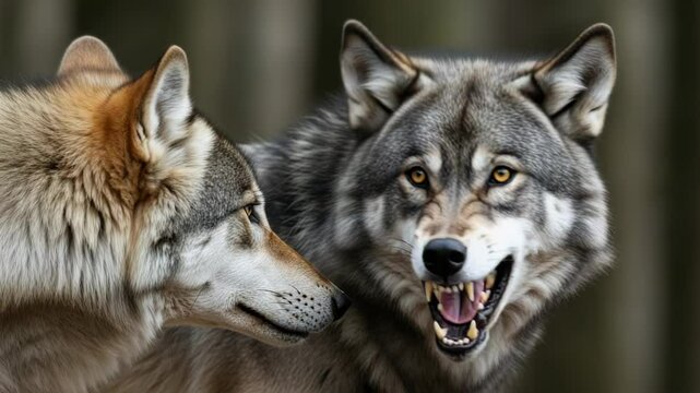 Two wolves in the forest, one snarling with its teeth bared, showcasing the raw power and intensity of wildlife