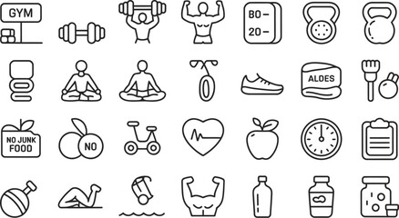 A collection of fitness and health related icons arranged on a white background