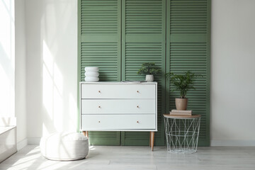 Chest of drawers, houseplant and green folding screen in interior of light living room
