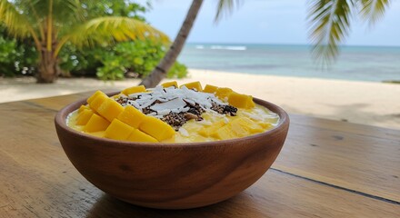 Mango Smoothie Bowl with Beach Setting