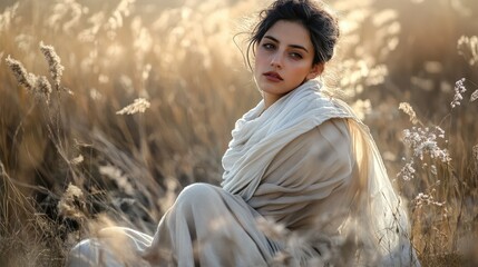 A woman is sitting in a field with a scarf wrapped around her neck