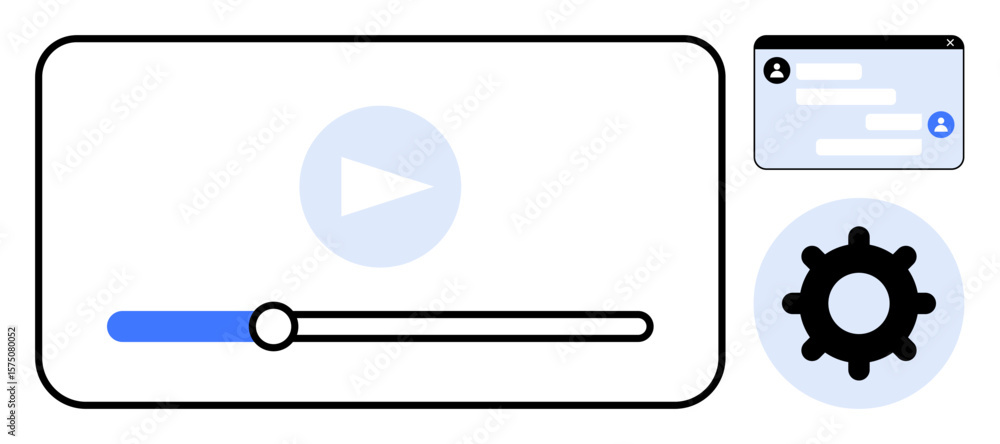 Poster video player with play button and progress bar, chat interface, and settings gear. ideal for media s