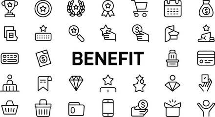 Illustration of benefit concept with trophy, money bag, and shopping cart icons set
