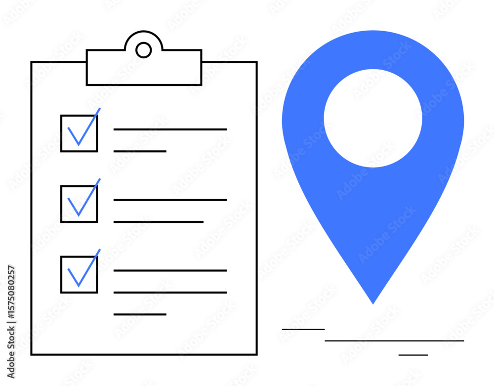 Poster clipboard with three marked tasks next to a large blue location pin. ideal for organization, product