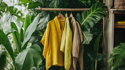 Two yellow and brown shirts hanging on a rack