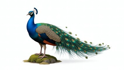 Fototapeta premium Elegant Peacock with Fully Fanned Colorful Feathers Standing Gracefully on a Rock – High-Detail Realistic Illustration with Vibrant Blues and Greens on White Background