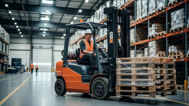 Efficient warehouse worker skillfully maneuvers a forklift, transporting stacked wooden pallets through a bustling logistics center, ensuring smooth operations and timely delivery of goods