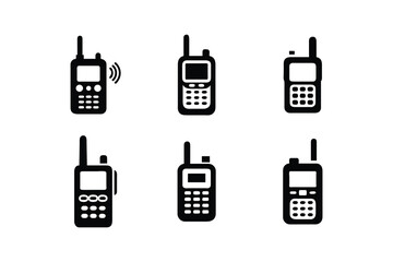 Collection of six black silhouette icons representing different types of portable two way radio devices