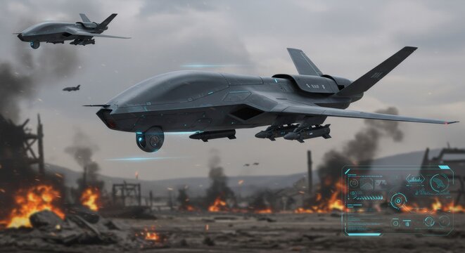 Military reconnaissance drone flying over burning destroyed city. Unmanned aerial vehicle for war and emergency. Futuristic fighter airplane.