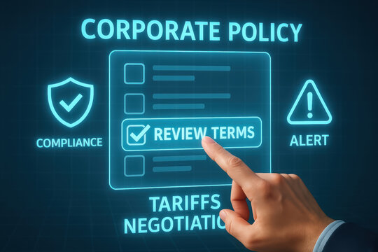 Corporate policy compliance and alert concepts with tariffs negotiation and review terms for business strategy and risk management