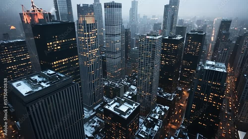 Poster aerial view of modern structures at dusk in a metropolis with illuminated windows and city lights wi