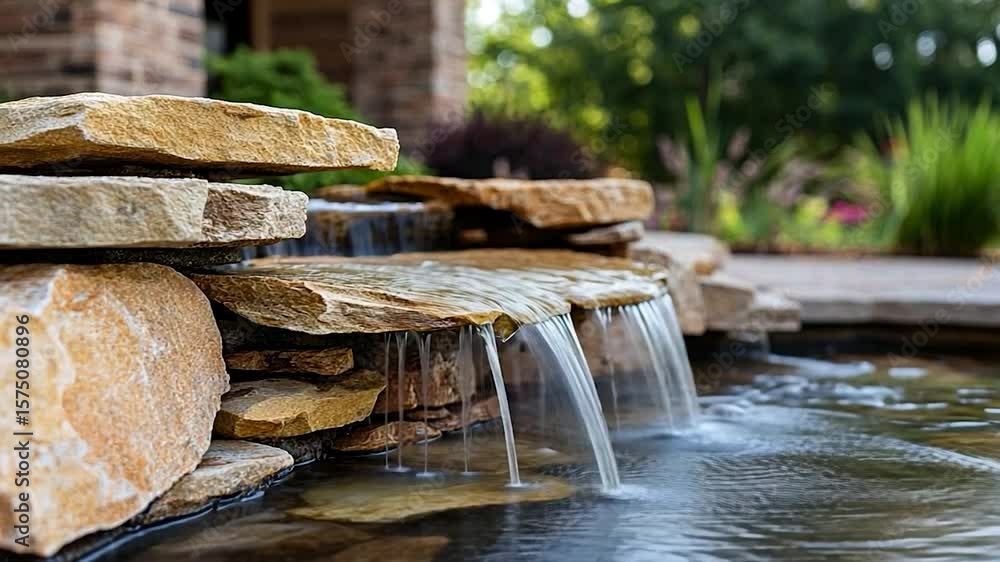 Poster close-up view of a cascading waterfall over natural stone structures with blurred green foliage in t