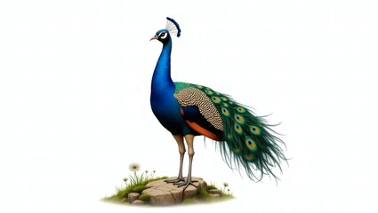 Elegant Peacock with Fully Fanned Colorful Feathers Standing Gracefully on a Rock – High-Detail Realistic Illustration with Vibrant Blues and Greens on White Background