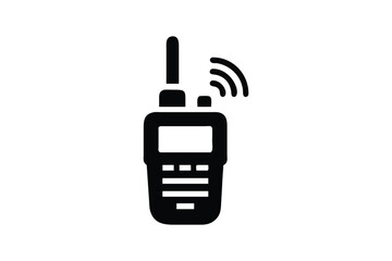 Black silhouette icon of a portable two way radio or walkie talkie transmitting signals on a white background