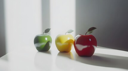 Three Shiny Apples on White Table, Red Green Yellow Fruit Still Life, Minimalist Photo