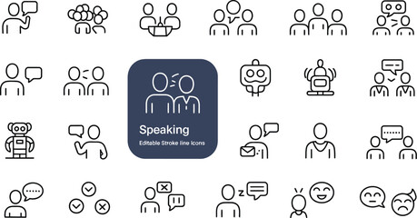 A collection of speaking and communication icons in black and white line art