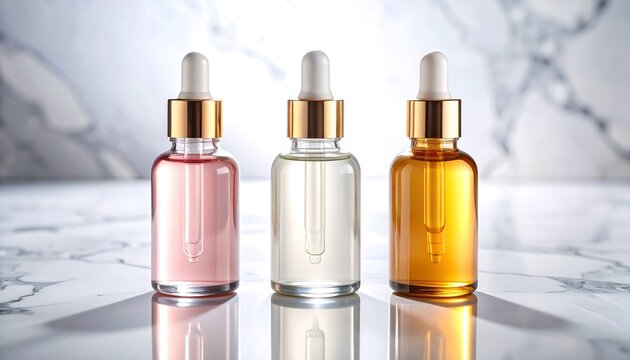 Three luxurious glass bottles with dropper lids displaying vibrant skincare serums on a marble surface